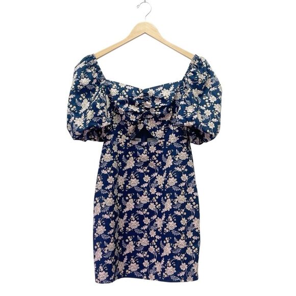 Boden Navy Floral Chintz Bloom Puff Sleeve Cut Out Mini Dress Cotton Size US 4 - Picture 2 of 11